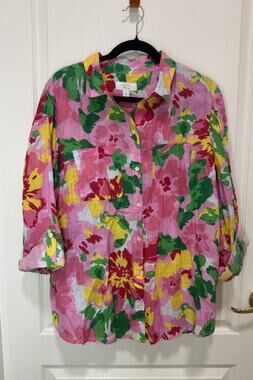 Charter Club Luxury 100% Linen Floral Button-Front Shirt XL Vibrant Top Coastal